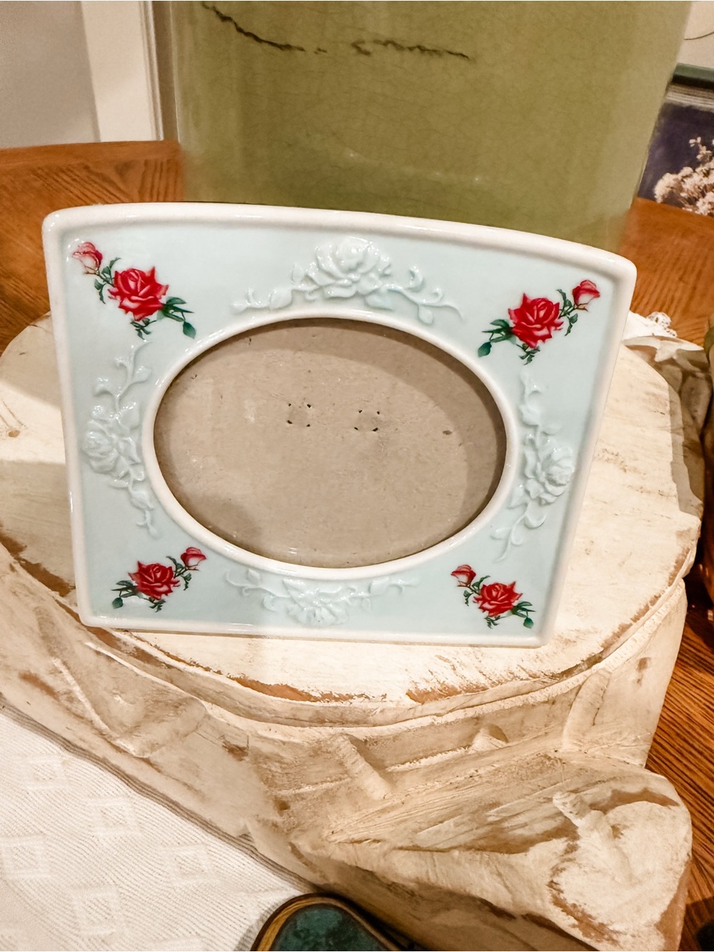 Avon Porcelain Rose Oval Photo Frame in Light Blue and Red